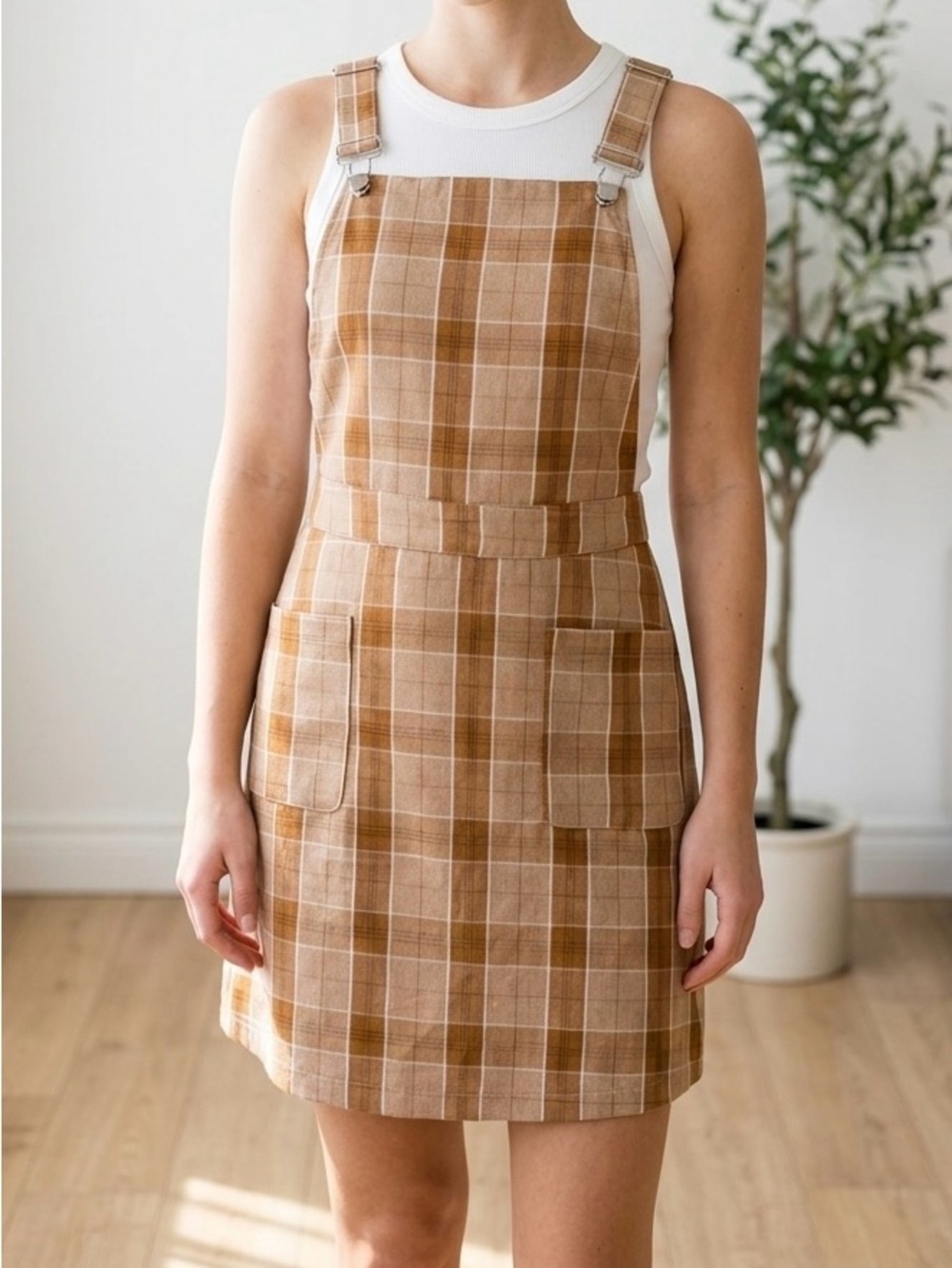Allegra K Tan Plaid Pinafore Dress Suspender Overall Skirt Mini Career Preppy M
